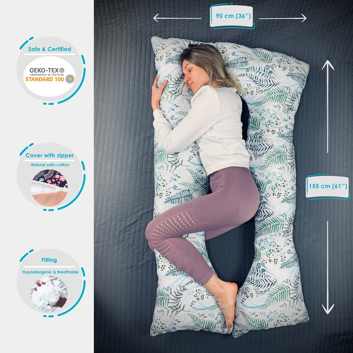 U-shaped pregnancy pillow in a botanical pattern